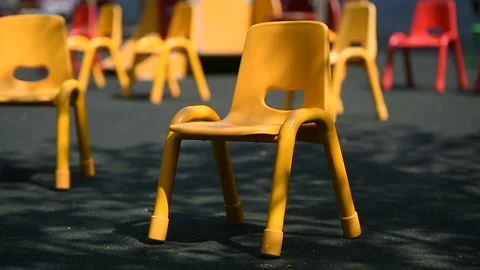 Empty chairs inside a kinder garden play zone during COVID 19 pandemic 스톡 동영상 139806204