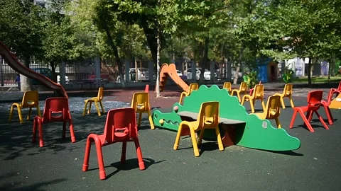 Empty chairs inside a kinder garden play zone during COVID 19 pandemic 스톡 동영상 139806219