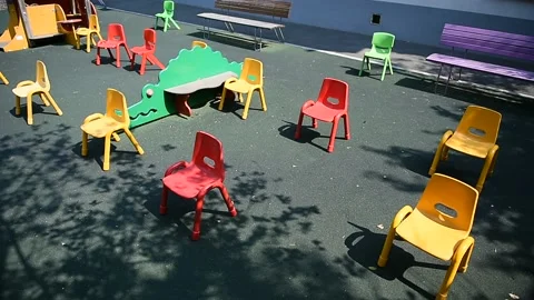 Empty chairs inside a kinder garden play zone during COVID 19 pandemic 스톡 동영상 139806223