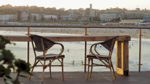 Empty chairs overlooking Bondi Beach with Ocean Views Stock Footage 85296662