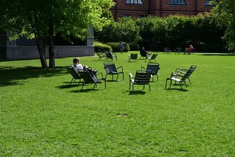 Empty chairs in a semicircle in the clearing. The concept of psychological as Stock Photos