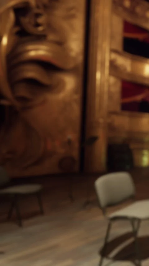 Empty chairs in a theater with golden decor and a stage backdrop Stock Footage 339508454