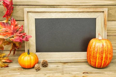 An empty chalk board with pumpkin. Stock Photos