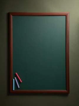 Empty chalkboard with chalks, vertical frame. Stock Photos