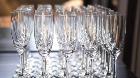Empty champagne glasses row. Wedding and happy event celebration symbol Stock Footage 72303745
