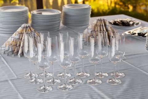 Empty champagne glasses on a table Stock Photos