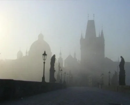 Empty Charles bridge at fog Stock Footage 315550