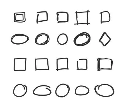 Empty check box, circles and squares hand drawn vector illustrations set Stock Illustration