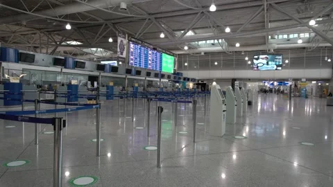 Empty check in counters at Athens Airport during the pandemic Stock Footage 142838897