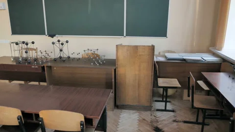 Empty Chemical Laboratory With Models Of Crystal Lattices On The Table Stock Footage 138157290