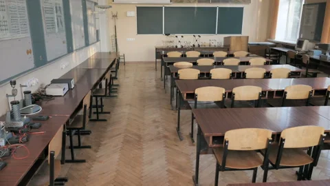Empty Chemistry Class With Molecular Structures On The Table Stock Footage 283649640