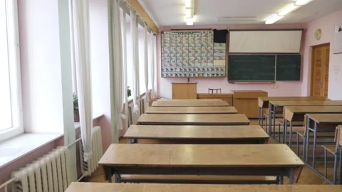 Empty chemistry classroom with Mendeleev's table on the wall Stock Footage 231566969