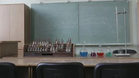 Empty chemistry laboratory or classroom in University, College, School Stock Footage