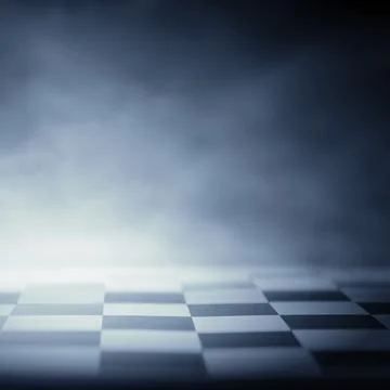 Empty chessboard on a dramatic dark misty background with cool blue spotlig.. Stock Photos