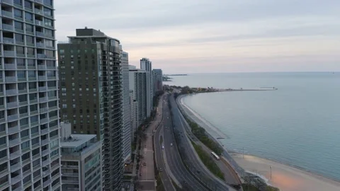 Empty Chicago Lakeshore Drive during Rush Hour During Coronavirus Stay at Home Stock Footage 130249613