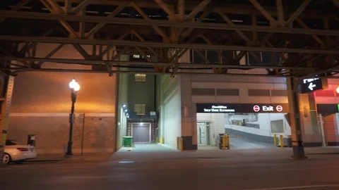 Empty Chicago Street Under Elevated Tracks With Parked Car At Night Stock Footage 336280625