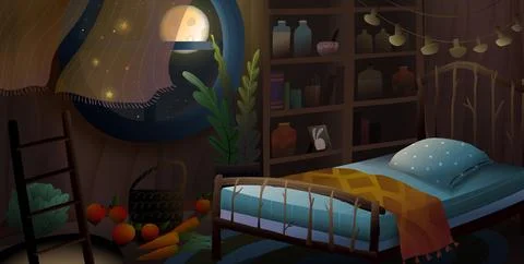 Empty Children Bedroom Interior Full Moon Night Stock Illustration
