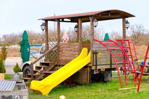 Empty children's playground made from old Soviet car Gaz Stock Photos