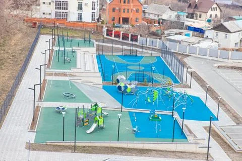 Empty children's playground, top view. Lack of children on the playground Stock Photos