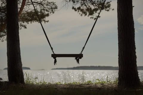 An empty children's swing between two trees in a picturesque place on the riv Stock-Fotos