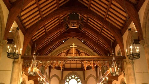 Empty church interior in Gothic Revival style Stock Footage 106879926