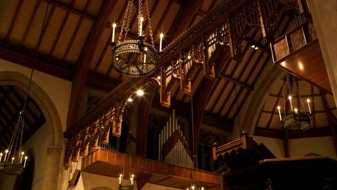Empty church interior in Gothic Revival style Stock Footage 106880133