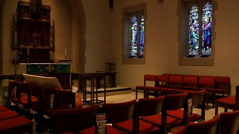 Empty church interior in Gothic Revival style Stock Footage 106880346