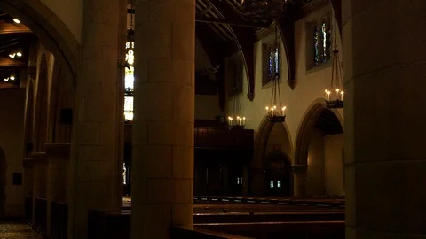 Empty church interior in Gothic Revival style Stock Footage 106880444