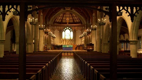 Empty church interior in Gothic Revival style Stock Footage 106880758