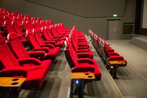 Empty cinema with red-black rows of seats 08.03.2019 Brovary, Ukraine Stock Photos