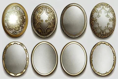 Empty circle silver and gold frames in medieval style for game ui desig. Stock Illustration