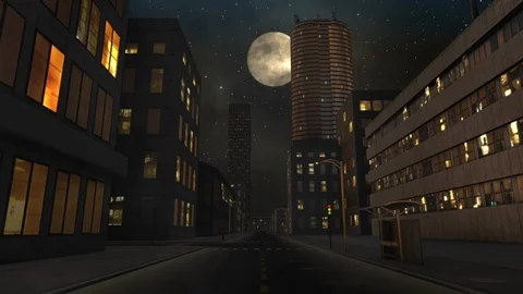 Empty city district at night and full moon animation 1 Stock Footage 127443607