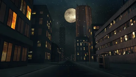 Empty city district at night and full moon animation 2 Stock Footage 127445086