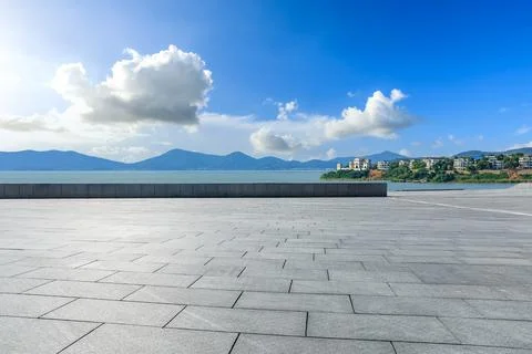 Empty city square and beautiful sea nature landscape. Stock Photos