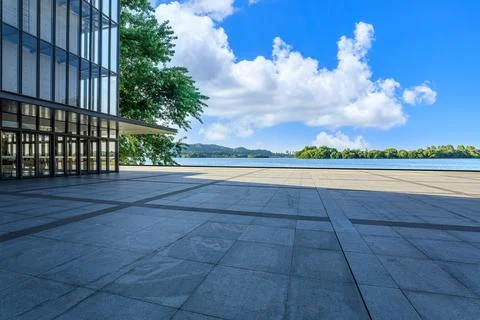 Empty city square and beautiful lake natural scenery in Hangzhou Stock Photos