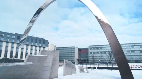 Empty city square with symbolic arched monument with snow and blue sky. Stock Footage 149193000