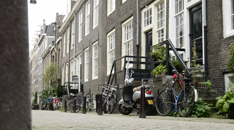 Empty City Street and Row Houses in Amsterdam Stock Footage 36909862