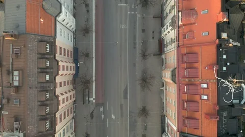 Empty city streets during Covid-19 Coronavirus pandemic outbreak. Aerial view. Stock Footage 129090469