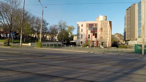 Empty city, in trams few people, quarantine on a warm spring day Stock Footage 130447879