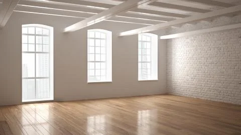 Empty classic industrial space, open room with wooden floor and big windows,  Stock Illustration