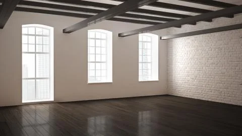 Empty classic industrial space, open room with wooden floor and big windows,  Illustrazione stock