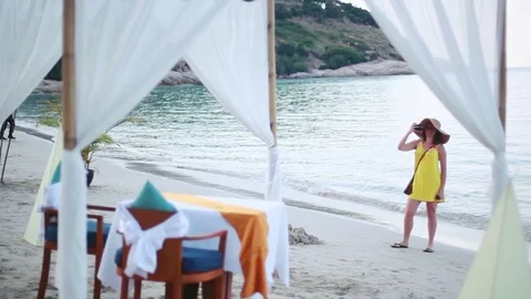 Empty classic terrace with canopy relax area panoramic on sea ocean. Woman Stock Footage 79950441