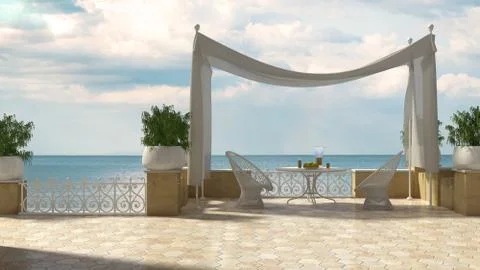 Empty classic terrace with canopy relax area, armchairs and table for breakfa Stock Illustration