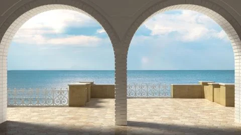 Empty classic terrace with forged iron railing and sandstone arch, sea panora Stock Illustration