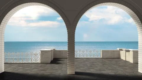Empty classic terrace with forged iron railing and sandstone arch, sea panora Stock Illustration