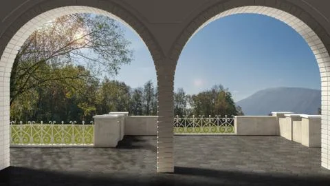 Empty classic terrace with forged iron railing and sandstone arch, garden mea Stock Illustration