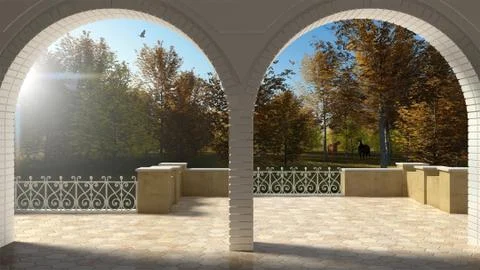 Empty classic terrace with forged iron railing and sandstone arch, panoramic  Stock Illustration