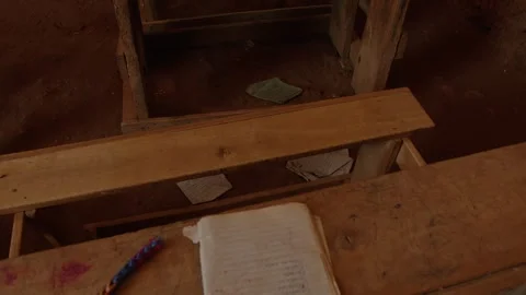 Empty classroom and scribbled notebooks on roughly put together plank desk and Video stock 302882687