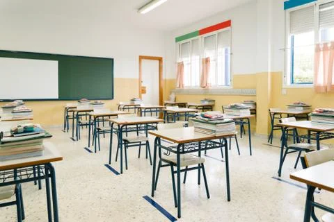 Empty classroom. Back to school during the Covid pandemic. Stock Photos