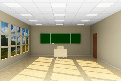 Empty classroom with blackboard. 3D illustration Illustrazione stock